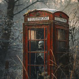 Lost Place - Skeleton in an abandoned telephone booth by HyggeHavn