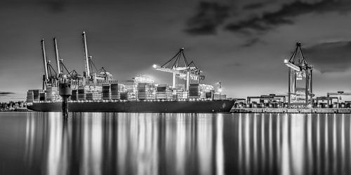 Hamburg Container Terminal in de haven van Hamburg. Zwart-wit beeld