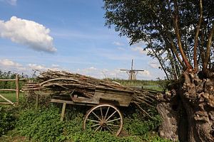 Landschaft mit Bauernwagen und Mühle im Hintergrund