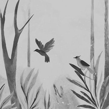 The grey bird - Grijs Schilderij van ComfortQ