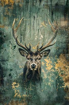 Stag with abstract background in green and gold
