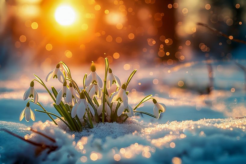 Beautiful white snowdrop flowers blooming outside in the snow at sunset by Animaflora PicsStock