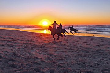 Paardrijden op het strand bij zonsondergang van Eye on You