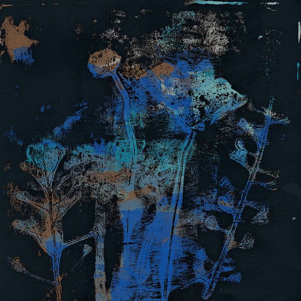 Abstract botanical art. Flowers in neon blue, terra and black by Dina Dankers