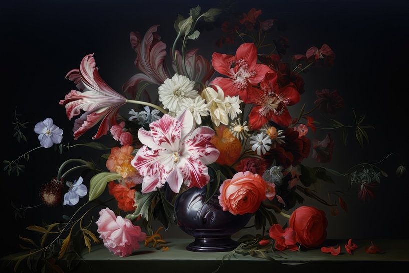 Stilleven bloemen zwarte vaas van Digitale Schilderijen