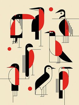 Abstract birds in black and red | Modern graphic art