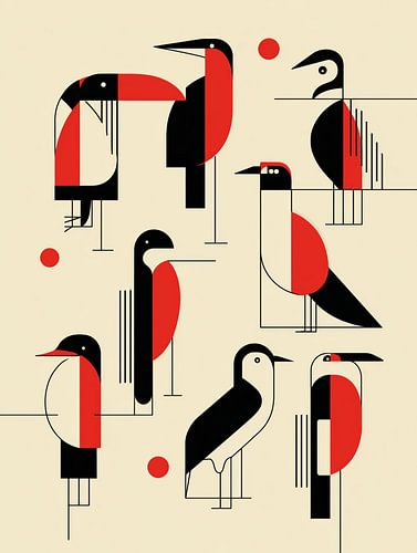 Abstracte vogels in zwart en rood | Moderne grafische kunst