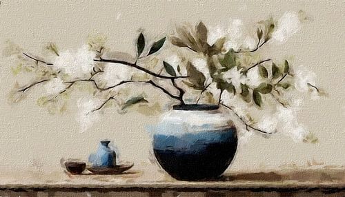 A still life of a vase with white green blossom branches .