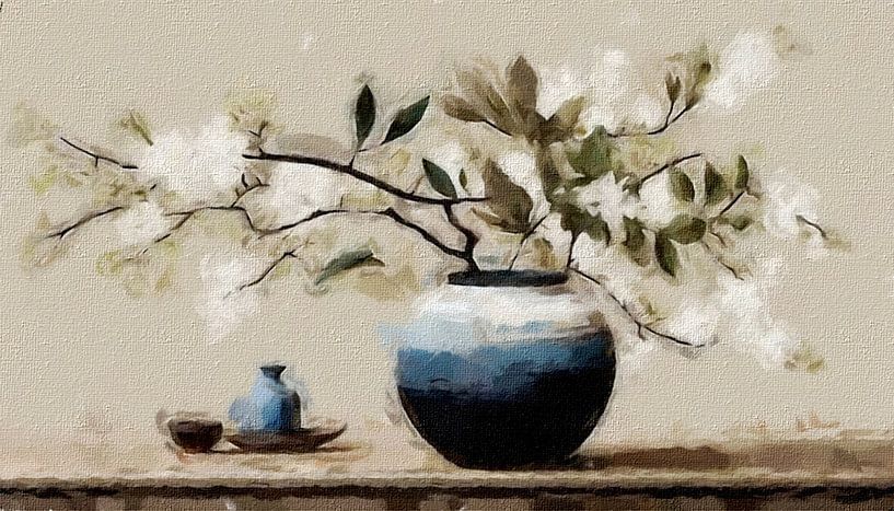 A still life of a vase with white green blossom branches . by J.a Dijkstra