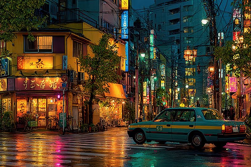 malerische japanische Straßenszene am Abend oder in der Nacht von Egon Zitter