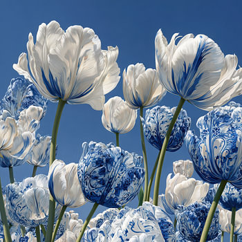 Tulipes en bleu de Delft, botaniques et modernes
