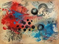 Peinture abstraite, rouge, bleu et beige