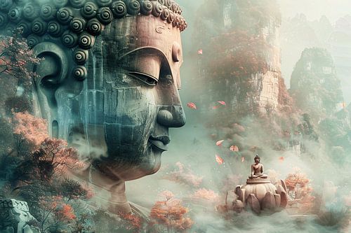 Bouddha mystique et paysage de montagne automnal