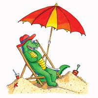 Hand drawn funny crocodile relaxing at the beach