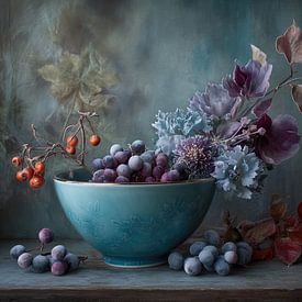 Blumen Stilleben - Blaue Keramik Mysteriöse Malerei von Joriali Fotografie und Gemälde