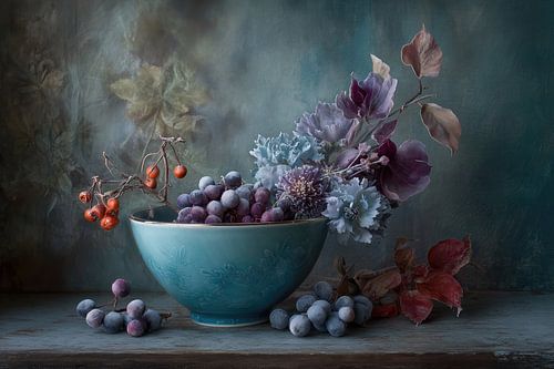 Bloemen Stilleven - Blauwe Keramiek Mysterieus Schilderij