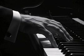 Hand spielt Klavier in schwarz-weiß Foto von Imperial Art House