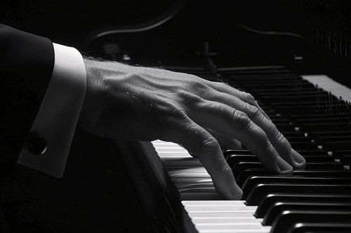 Hand speelt piano in zwart-wit foto