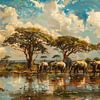 Sérénité dans la savane - Éléphants au bord de l'eau sur Eva Lee