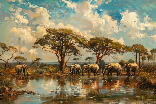 Serenity in the Savannah - Elephants by the Waterfront