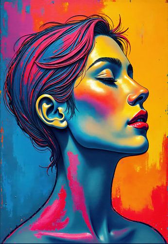 Gestileerd portret van een vrouw in groenblauw, roze en oranje