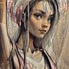 Portrait d'une jeune femme dans les tons rose et brun sur Emiel de Lange