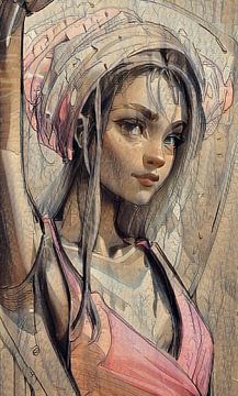 Portret van een jonge vrouw in roze en bruin tint van Emiel de Lange