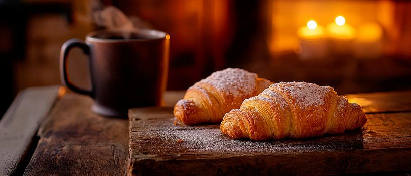 Dunkler Kaffee und frische Croissants von Poster Art Shop