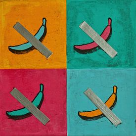 Pop art painting of a banana with tape, in yellow, turquoise, pink and light blue by BowiScapes abstract and digital art