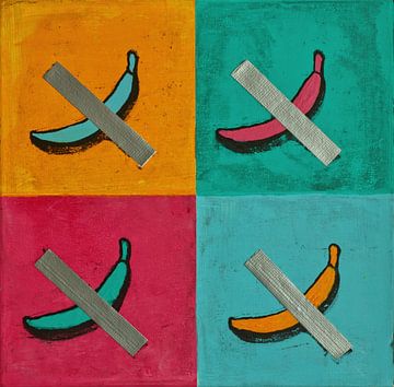 Popart schilderij van een banaan met tape, in geel, turquoise, roze en lichtblauw van BowiScapes abstract en digitale kunst