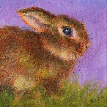 Süsser kleiner Hase sitzt im Gras Acrylgemälde von Karen Kaspar