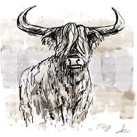 Stoere inkt tekening van schotse hooglander. Ingekleurd in nieuw landelijkstijl