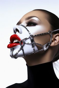 Digitaal creëerde hele mooie vrouw met bizarre fetisj masker in high fashion stijl van Art Bizarre