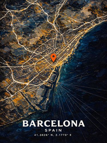 Lebendiges Ölgemälde mit Stadtplan von Barcelona – Moderne Wandkunst zum Thema Städtereisen
