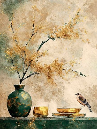 Vase mit Vogel: Aquarell-Stillleben-Serie-4