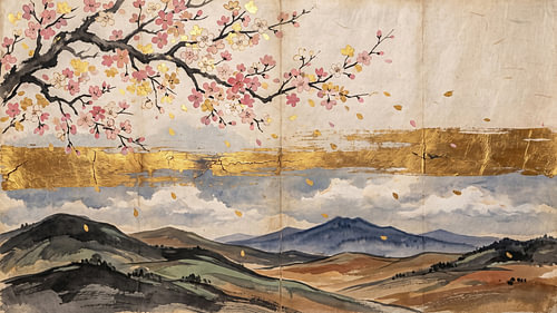 Sakura boven een gouden landschap