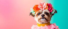 Chien en couronne de fleurs multicolores - Joyeux sur Poster Art Shop