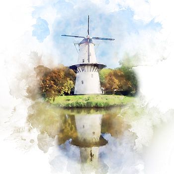 Watercolour painting of mill De Hoop in Middelburg, Zeeland.