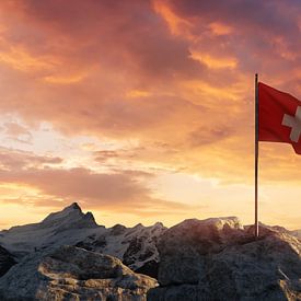 Waving Swiss flag on top of the rocks and mountains. Concept of by Besa Art
