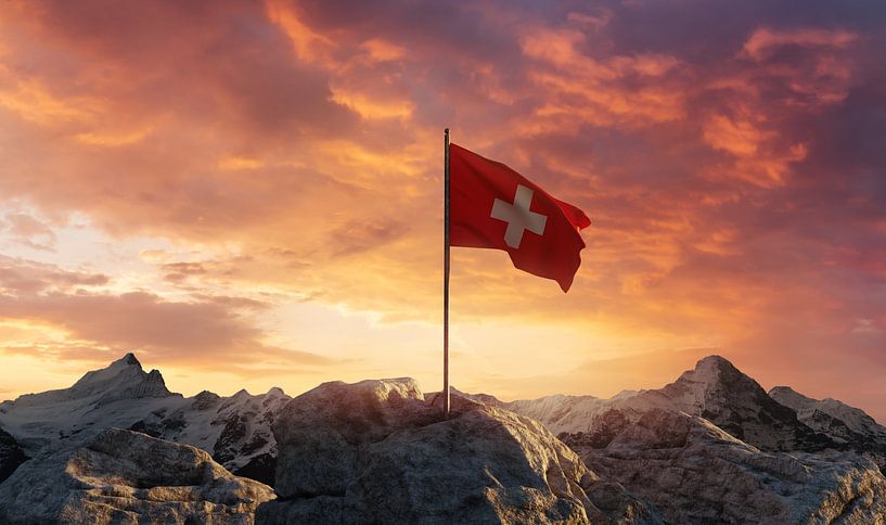 Waving Swiss flag on top of the rocks and mountains. Concept de par Besa Art