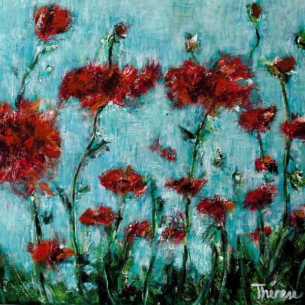 Flower painting in mint and red. by Therese Brals