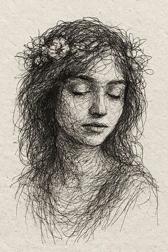 Jonge vrouw met bloemenkrans en gesloten ogen (lijntekening zwart garen fragiel Boho stijl rust sereen)