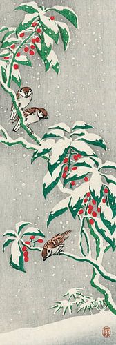 Sparrows on snowy berry bush (1900-1945) by Ohara Koson