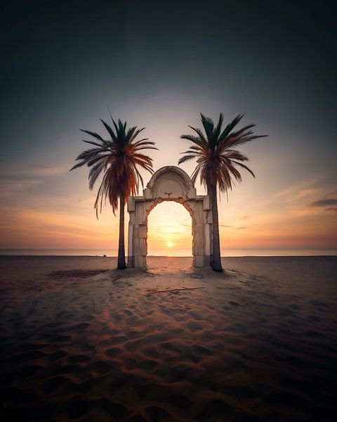 Malerischer Sonnenaufgang am Strand unter Palmen von fernlichtsicht