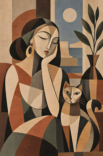 Femme géométrique &, chat – Harmonie cubiste et terre-à-terre