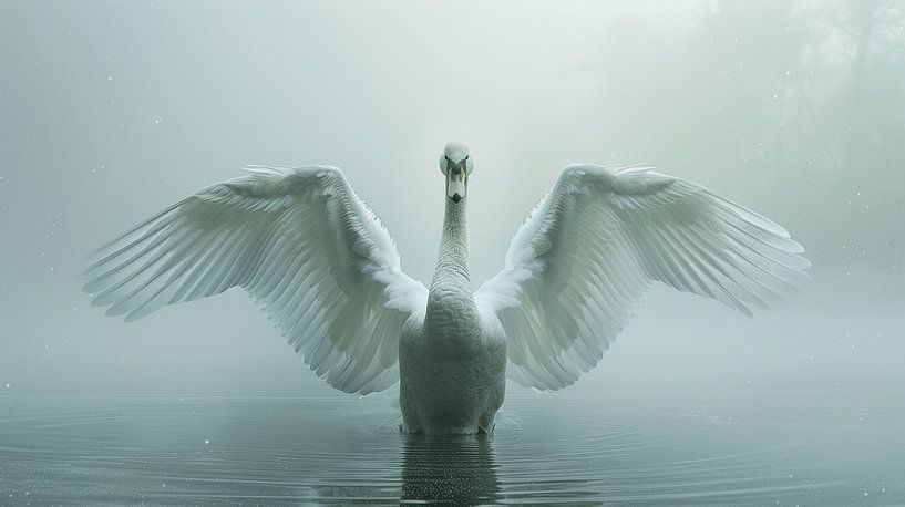 Sérénité dans le brouillard : les ailes souples du cygne par Karina Brouwer