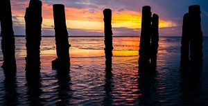 Buhnen im Wattenmeer. Nordsee-Sonnenuntergang