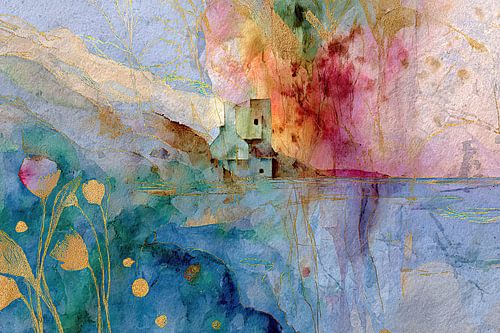 Abstract schilderij in blauw, lila en goud – Dromerig luxe kunstwerk