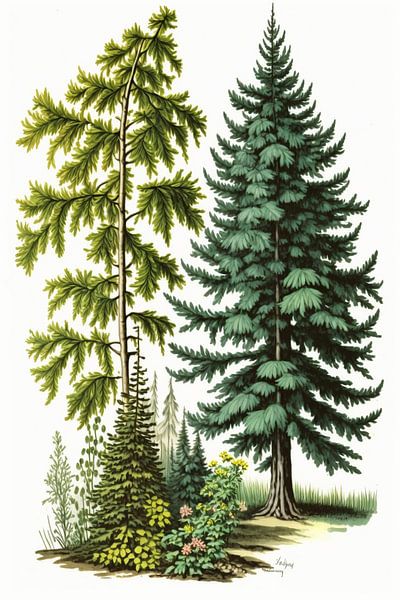 Pine and alpine spruce on a white background by Vythryd Arts