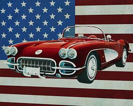 Chevrolet Corvette C1 von 1960 vor der amerikanischen Flagge von Jan Keteleer